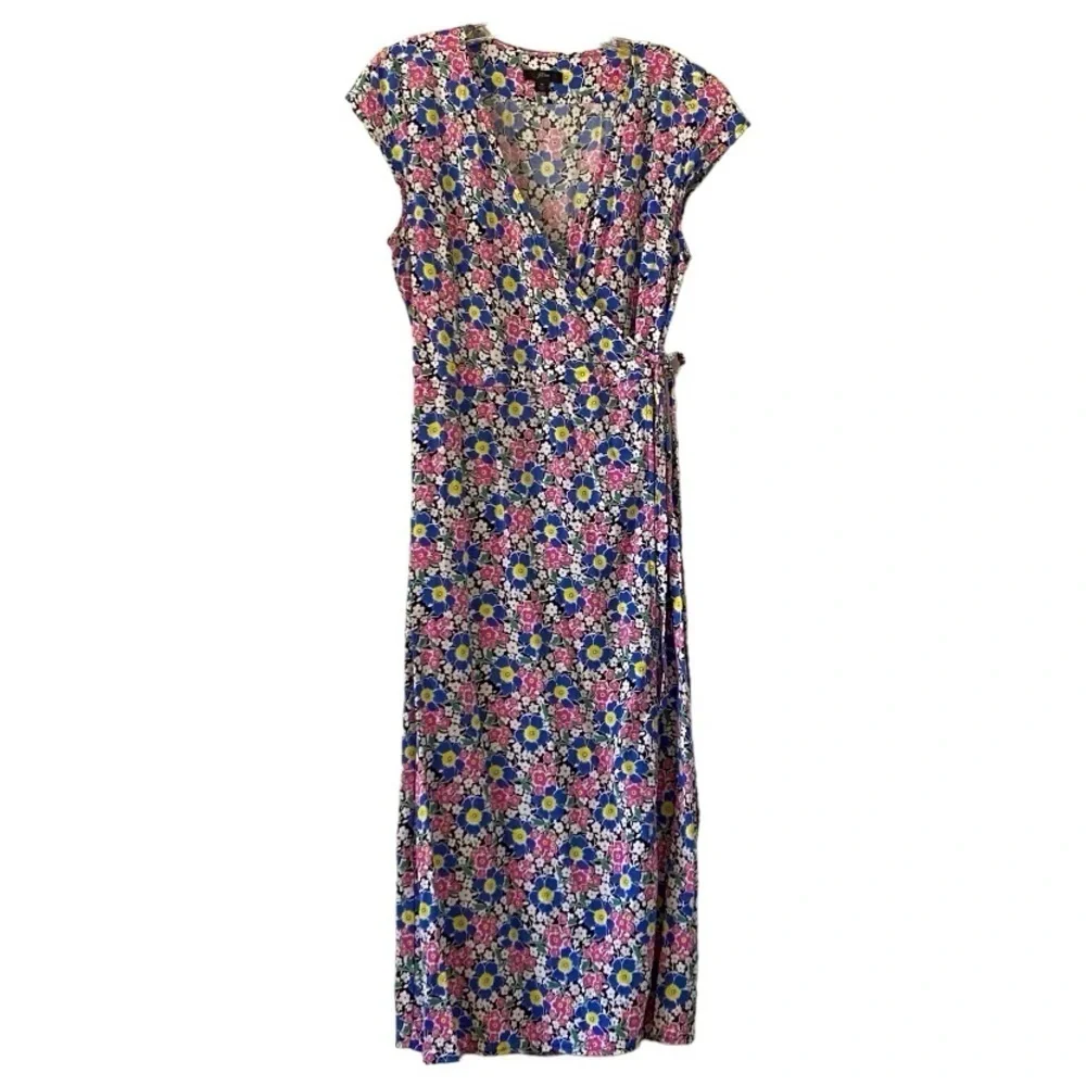 J. Crew Fabrizia Blue Pink Jersey Midi Ditsy Floral Wrap Retro Midi Dress